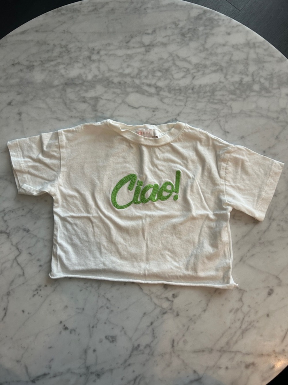 GB girls White Tee with Green "Ciao!" Graphic
